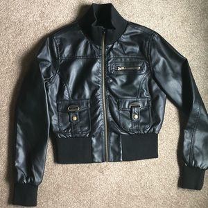 Black faux leather bomber jacket